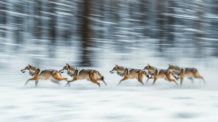 Fototapeta premium Coyotes running swiftly through a snowy landscape, motion blur effect.