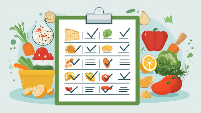 A colorful checklist of healthy foods with vegetables on a table during meal planning