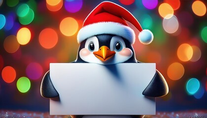 Cheerful cartoon penguin holding a blank sign in front of a decorated Christmas tree.