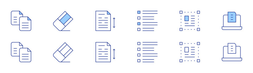 Text icon set in two styles, Duotone and Thin Line style. Editable stroke. list, select, laptop, copy, draft, line spacing