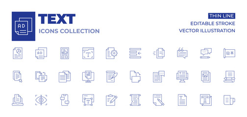 Text icons collection. Thin Line icons, editable stroke. announcement, click, clipboard, document, orientation, scan, scroll, text, text editor, text file, chat, copy, copywriting