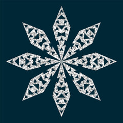 Silver snowflake, Christmas decoration, covered bright glitter. Silver glitter textured snowflake icon on dark background. Eps 10
