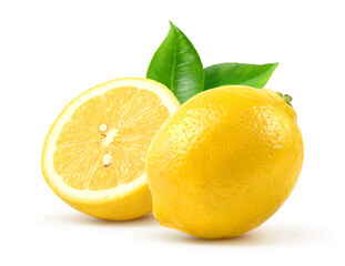 Lemon fruit with cut in half isolated on white background. Clipping path.