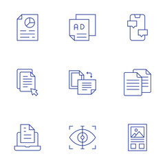 Text icons set. Thin Line style, editable stroke. analysis, click, document, leaflet, orientation, scan, chat, copy, essay