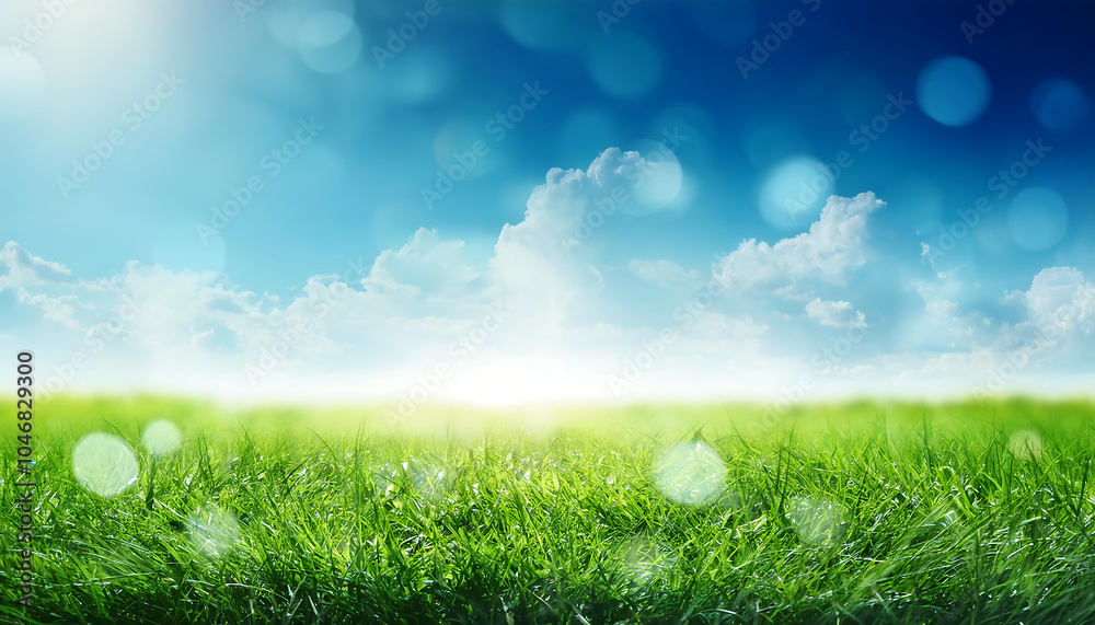 Aufkleber green grass and blue sky abstract background with bokeh style for world environment day vis_1(523)