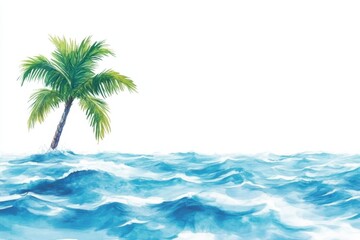 Fototapeta premium Solitary palm tree on small island surrounded ocean waves