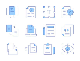 Text icons. Line Duotone style, editable stroke. analysis, document, leaflet, scan, file, sheet, text, writing, blog, copy, orientation