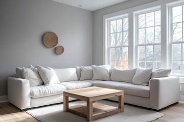 Naklejka premium Minimalist, Scandinavian interior with white finished walls and sofa and table. Generative AI 