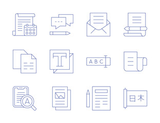 Text icons. Thin Line style, editable stroke. calendar, copy, enlargement, mail, rename, sheet, answer, color, document, letter, paper, scroll