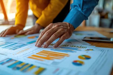 Obraz premium A business planning expert working on a strategic roadmap, reviewing charts and financial data with a team