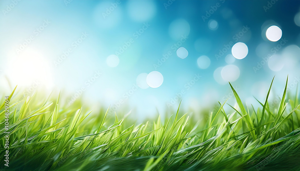 Aufkleber green grass and blue sky abstract background with bokeh style for world environment day vis_1(521)