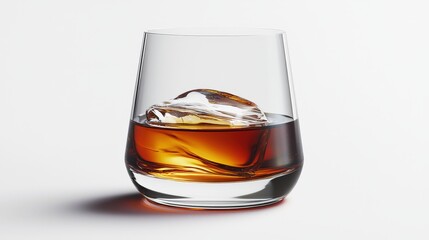 An elegant whiskey glass filled with a neat pour of amber whiskey, set against a pristine white background, creating a minimal and luxurious aesthetic.