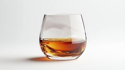 An elegant whiskey glass filled with a neat pour of amber whiskey, set against a pristine white background, creating a minimal and luxurious aesthetic.
