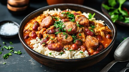 Fototapeta premium Bowl of rice topped with red beans, sliced sausage, and garnished with fresh parsley, in a rich tomato-based sauce, placed on a dark background with a spoon nearby.