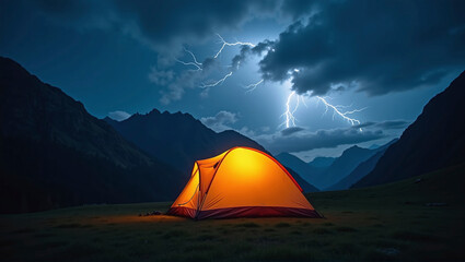 Illuminated camping tent at night with heavy thunderstorm and storm approaching, risk of severe weather and unprotected outdoor stay