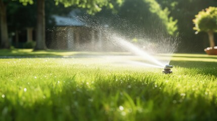 An aerial perspective of a well-maintained lawn with an automatic irrigation system,
