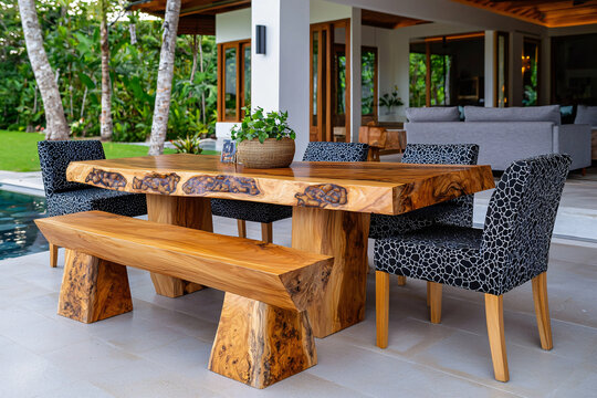 handcrafted palo borracho wood dining set with visible natural termite patterns