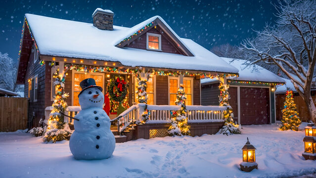 AI-generated images of a Christmas Snowman greeting visitors in front of a charming house with Christmas lights - Powered by Adobe