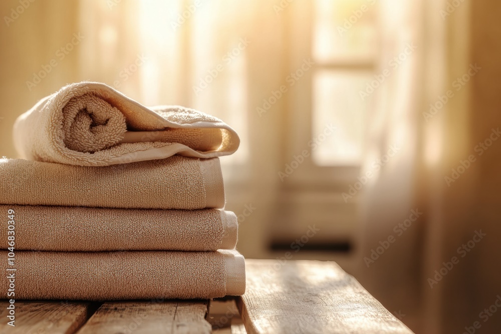 Poster Cozy towels are arranged on a rustic wooden table, basking in warm sunlight and enhancing the serene bathroom atmosphere. Generative AI