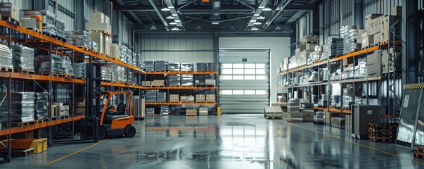 Industrial warehouse with shelves and forklifts, 4K hyperrealistic photo