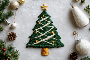 Christmas green tree embroidered with threads with round toys on fabric. Beautiful composition for a postcard
