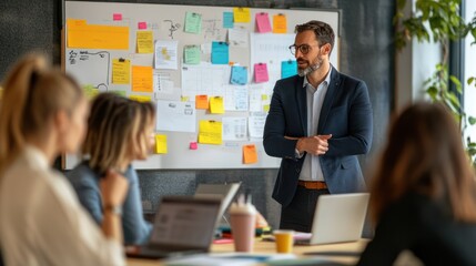 A management consultant working on process optimization with a diverse team in a modern office