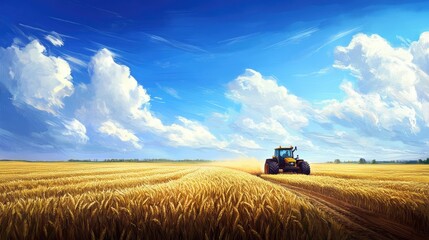 Obraz premium A tractor cutting through a ripe wheat field under a brilliant blue sky, illustrating the dedication and artistry of agricultural work.