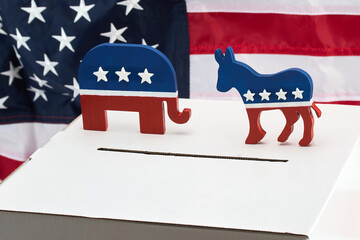 Political Symbols Voting. Republican elephant, Democrat donkey. Symbols of USA, Republican and Democrat parties.