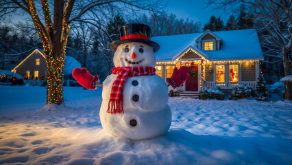 Obraz premium AI-generated images of a Christmas Snowman greeting visitors in front of a charming house with Christmas lights