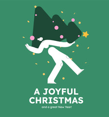 Vector illustration of a happy woman, holding christmas tree. Festive celebration concept. Merry Christmas and happy new year banner. Simple cheerful header with copyspace.
