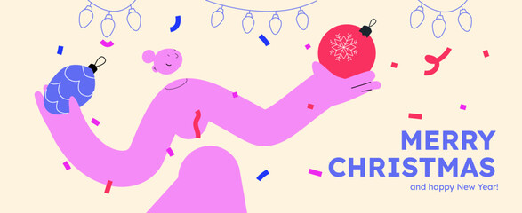Vector illustration of a happy woman, holding decorative ball. Festive celebration concept. Merry Christmas and happy new year banner. Simple cheerful header with copyspace.