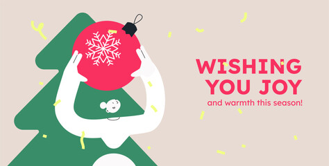 Vector illustration of a happy woman, holding decorative ball. Festive celebration concept. Merry Christmas and happy new year banner. Simple cheerful header with copyspace