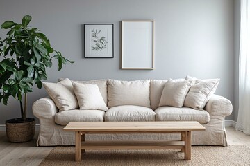 Minimalist, contemporary Scandinavian interiors in the living room with walls hanging with art frames and sofas and tables. Generative AI
