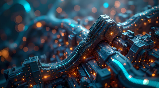 glowing big cables data tracking data transfer blue orange glowing lights, and high bandwidth transaction scanning. 