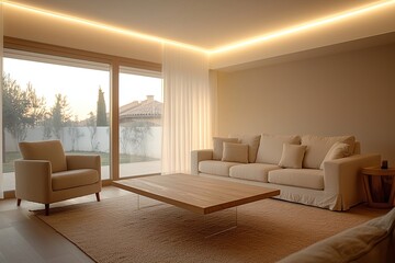 Fototapeta premium A living room photo of a Scandinavian interior and japandi interior combination of a living room with a window and sofa and furniture in view. Generative AI 