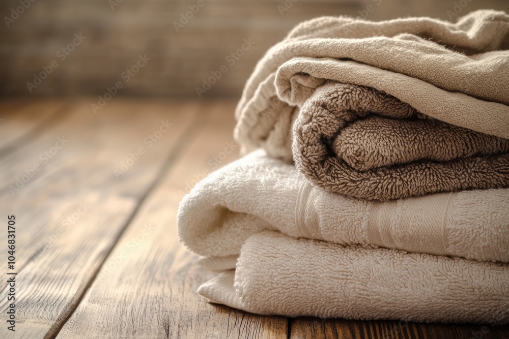 Aufkleber neatly arranged soft towels in warm colors rest on a wooden surface, creating a soothing atmosphere 