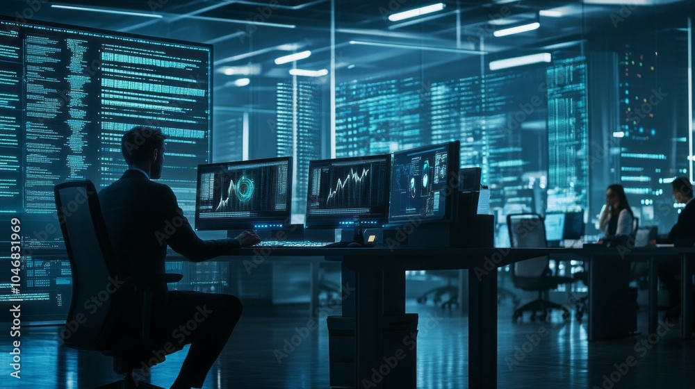 Poster A man is sitting at a desk in front of a computer monitor with a woman