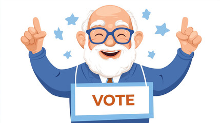 An enthusiastic older man with a white beard encourages others to vote, exuding positivity and community spirit