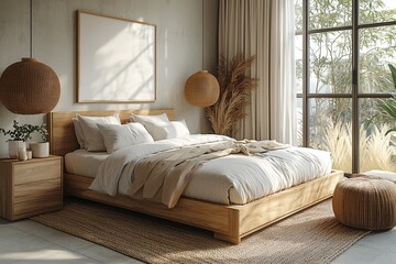 Modern Scandinavian interiors in bedrooms with beds and lights and windows. Generative AI
