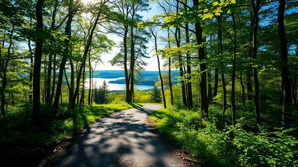 Fototapeta premium A winding path through a verdant forest, leading to a breathtaking panorama of a tranquil lake and distant hills, bathed in the warm glow of a summer sun.
