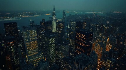 Obraz premium A city skyline at night with many tall buildings
