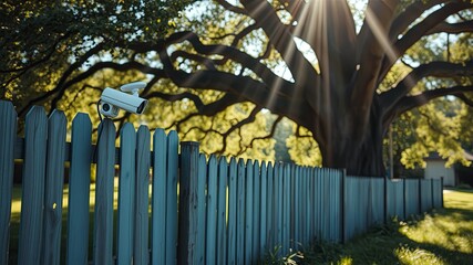 A security camera mounted on a wooden fence overlooking a lush green lawn with a large tree casting shade in the background