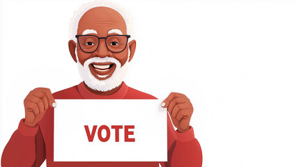 An enthusiastic elderly gentleman smiles brightly while proudly displaying a sign that promotes voting and civic duty
