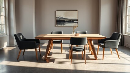 Sunlight streams through the window, illuminating the dining room, where a long, wooden table sits surrounded by plush chairs, offering a welcoming and serene setting for a meal together.