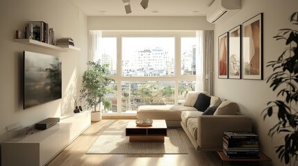 Fototapeta premium Compact living room with a cozy couch, small TV setup, and minimal decor, emphasizing efficient use of space in a small apartment.