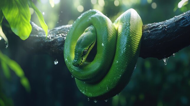 A vibrant green tree python hanging gracefully from a branch