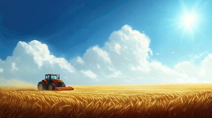 A tractor moves through a sunlit wheat field under a deep blue sky, symbolizing the hard work and peaceful beauty of the harvest season.