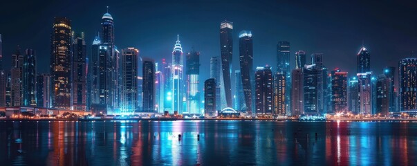 Modern city skyline at night with glowing lights, 4K hyperrealistic photo