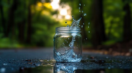 Water splash in a glass jar on a forest path.