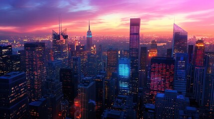 Obraz premium A vibrant urban skyline at twilight, showcasing colorful city lights